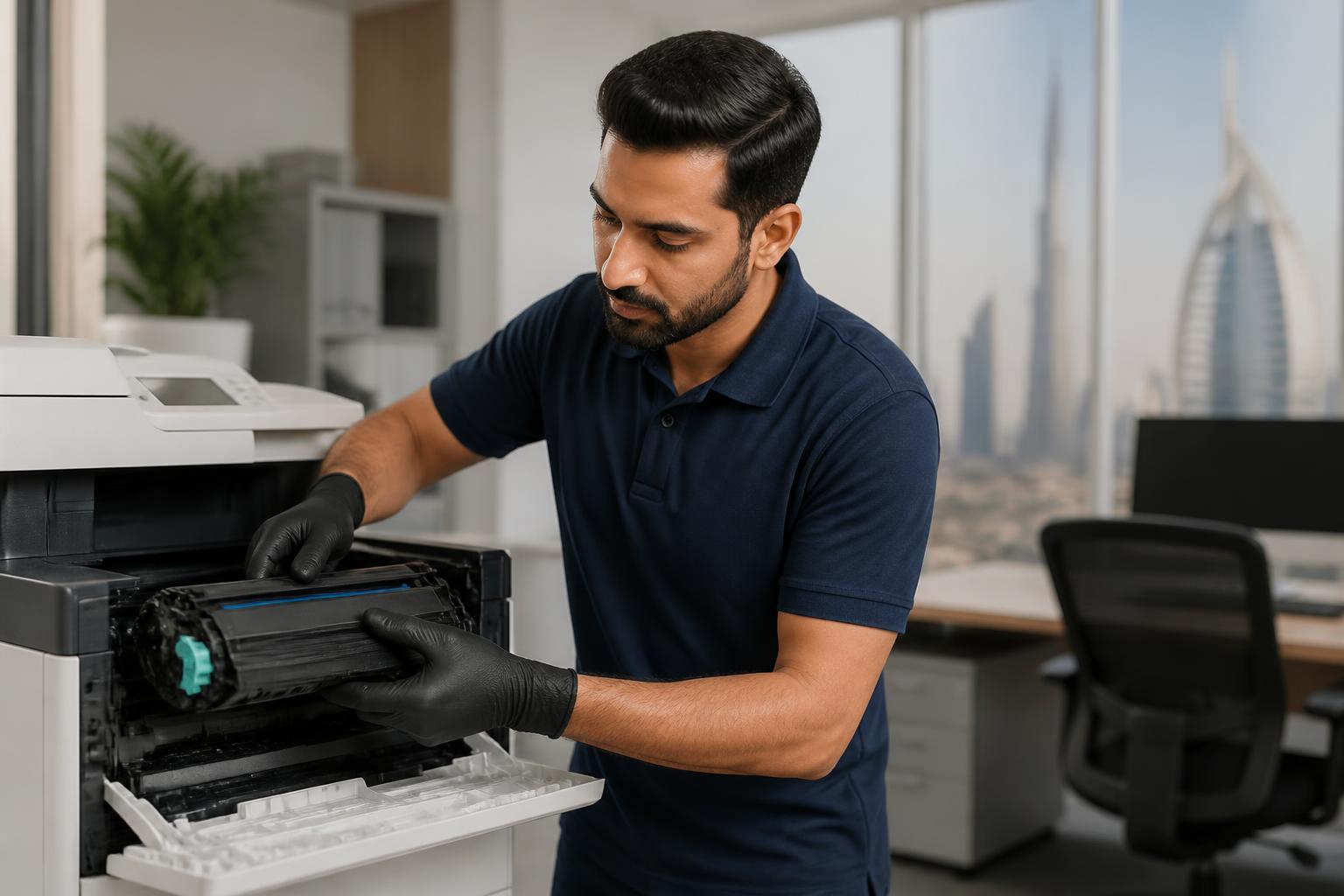 Mohid Electronics technician servicing an office printer